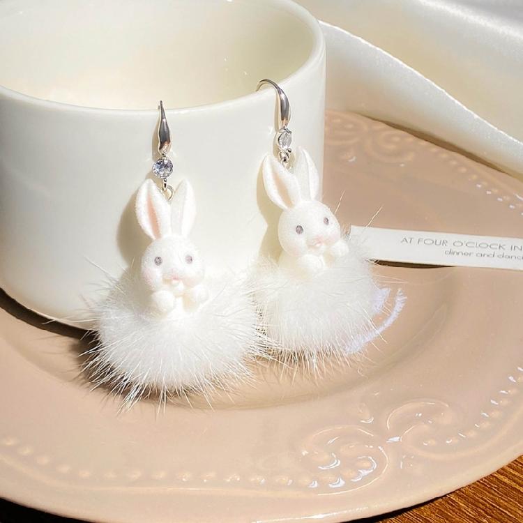 Fashionable Animal Earring White Plush Rabbit Pendant Earrings Women Girls Gift