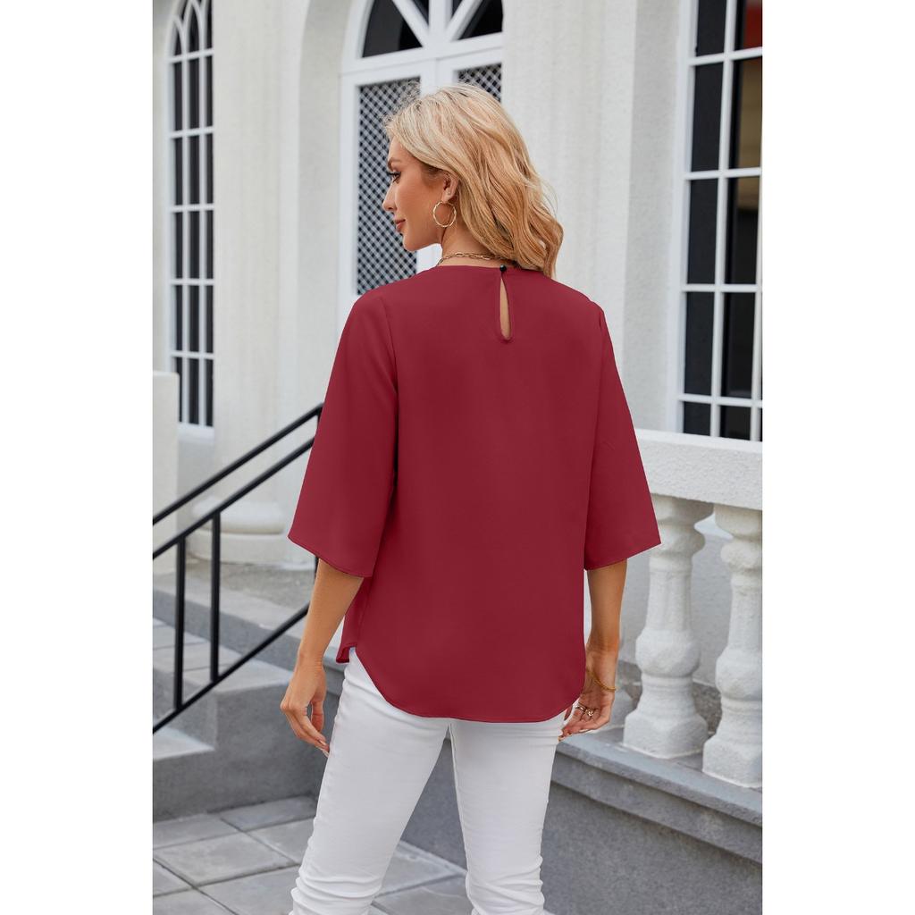 Solid Colour Round Neck Five-quarter Sleeve Short Sleeve,loose Chiffon Shirt Tops for Women
