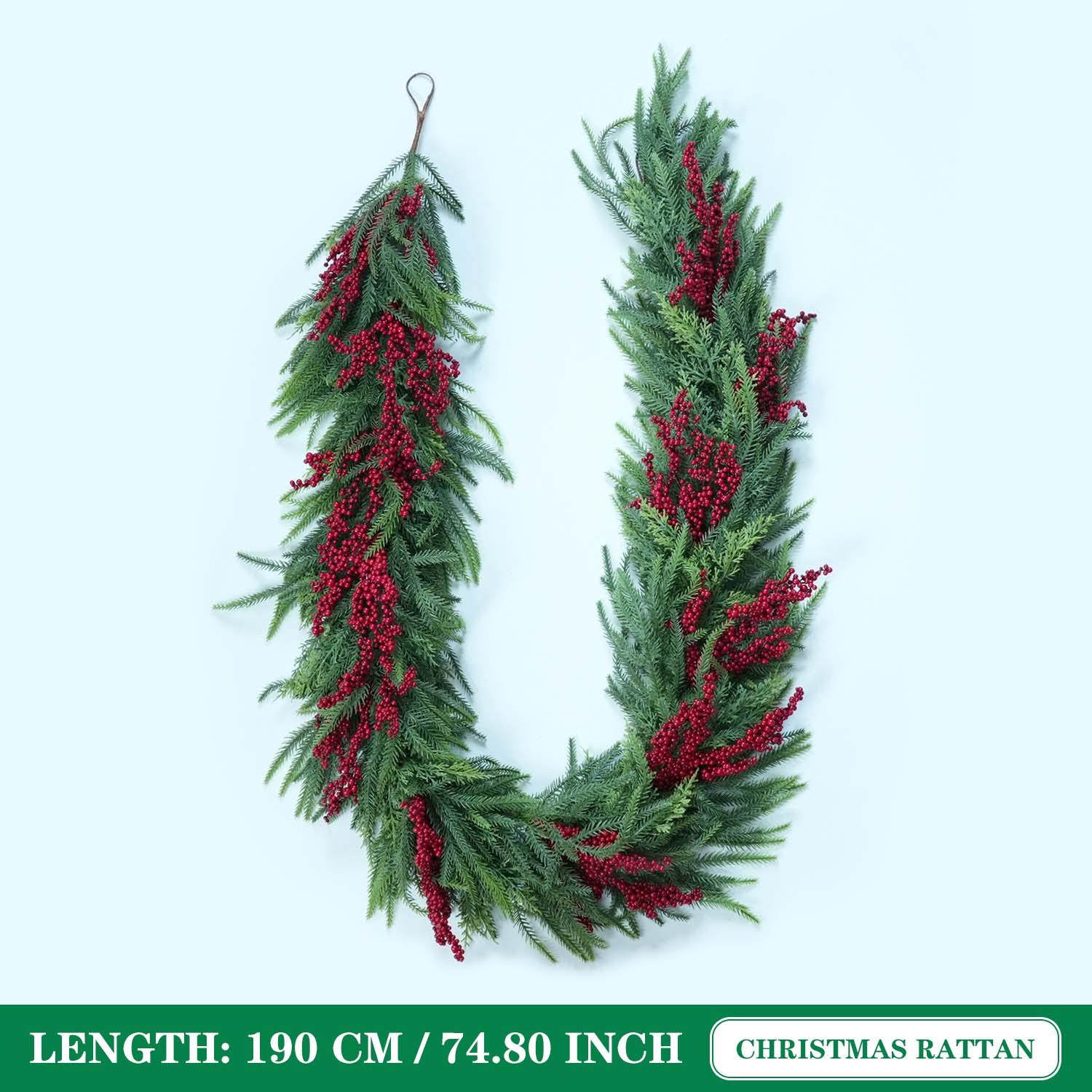 

1PC 2M Artificial Red Berry Pine Needle Rattan Home DIY Fireplace Stair Railing Christmas Party Mall Window Decoration 2M зелений
