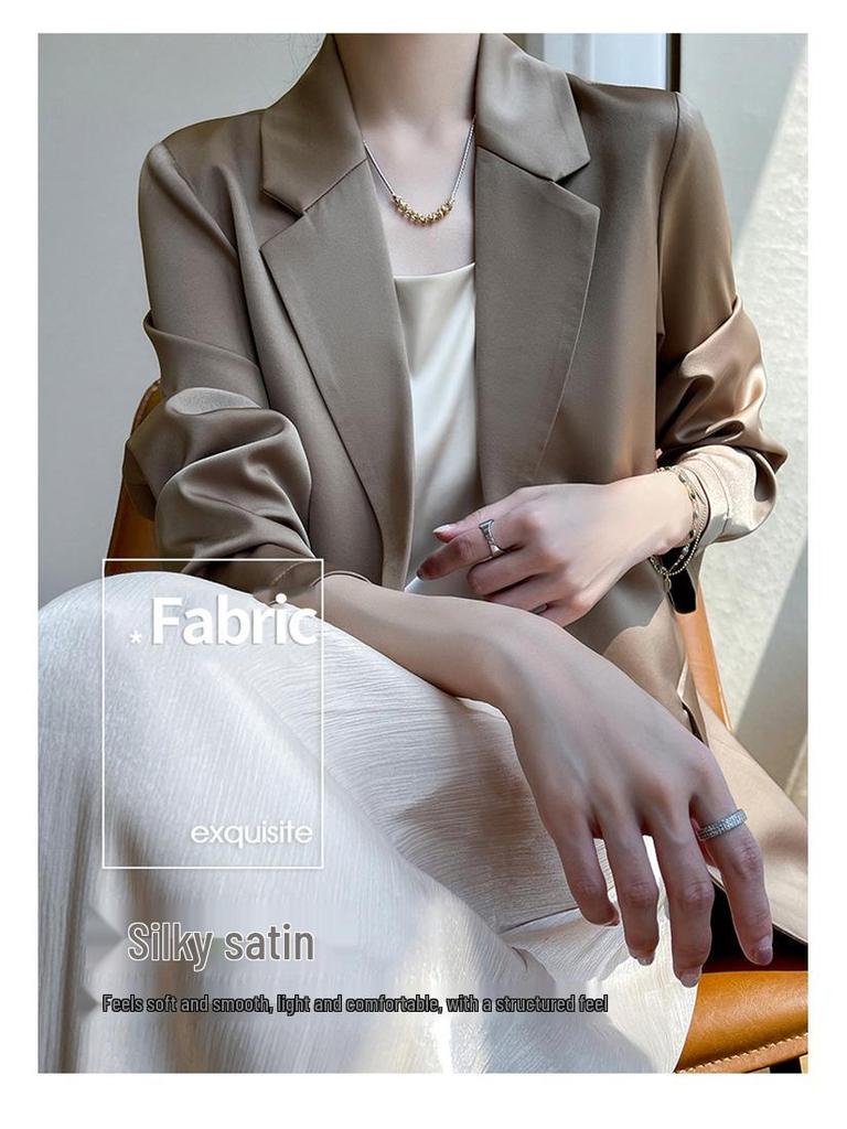 White Silk Satin Women's Suit Jacket - High-End Korean Style for Spring/Autumn 2025