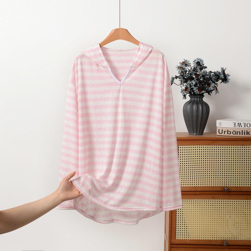

Women Plus Size Striped Hooded Long Sleeve Pullover Sun Protection T-shirts Air Conditioning Tops Casual Outdoor Wear Tee Top 4XL світло-рожевий колір