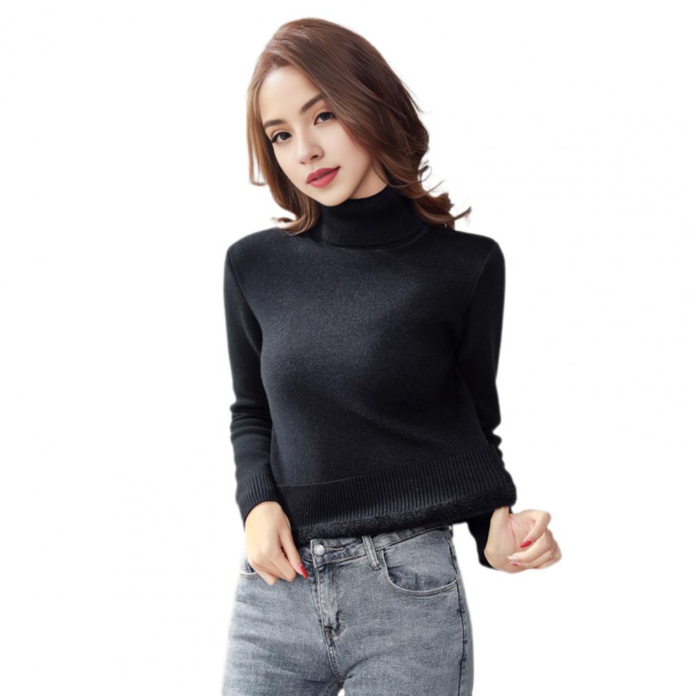 Strickoberteile für Damen, hoher Kragen, lange Ärmel, einfarbig, warmes Fleecefutter, Pulloveroberteile, schmale Passform, verdickte Strickmode für den Alltag