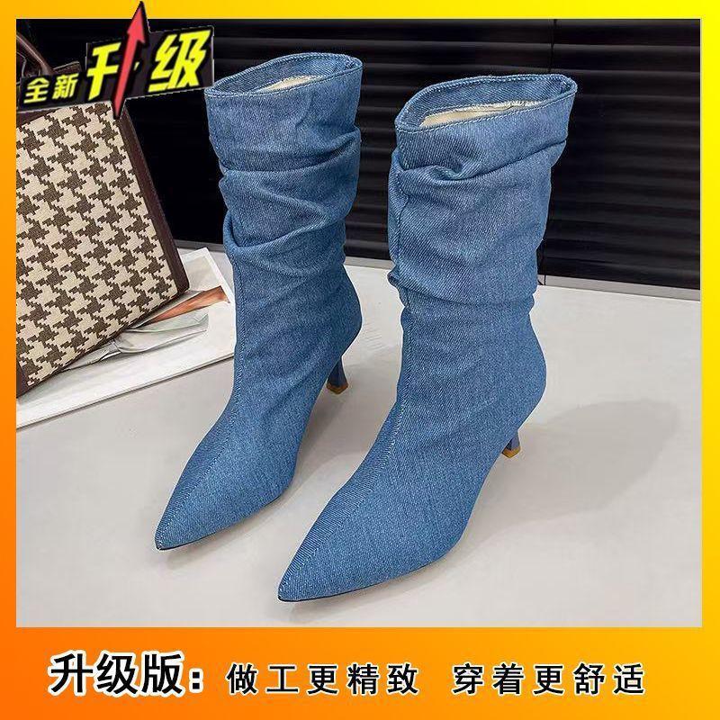 2025 Autumn and Winter New Pointed Middle Tube Pleated Piled Boots Women's Fashion Versatile Comfortable Stiletto Martin Boots Children