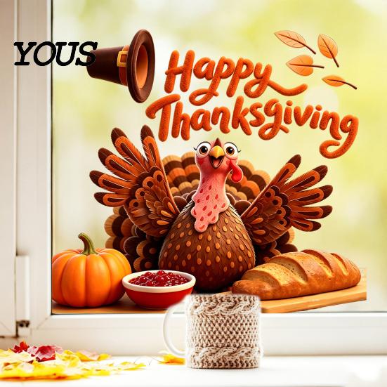 Seasonal Party Supplies Autumn Thanksgiving Turkey Window Static Sticker, Decorative Removable PVC Decals, Harvest Festival Art Theme Wall Clings