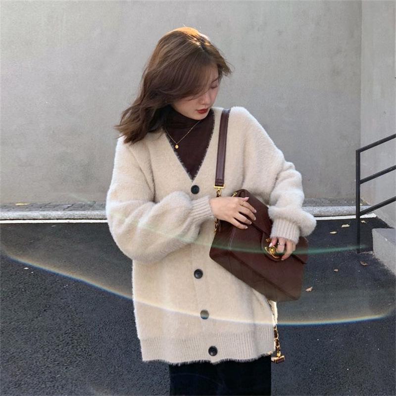 Japanese Style V-Neck Loose Knit Mink Cardigan - Spring/Autumn 2025 Fashion Sweater for Women