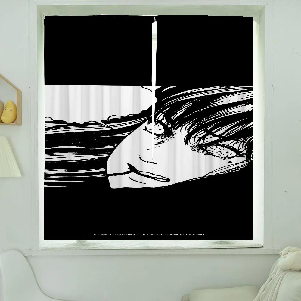 Home Interior Kitchen Curtains for Living Room 2 Pieces Blackout Curtains Door Curtain Junji Ito Bedroom Decoration Partition