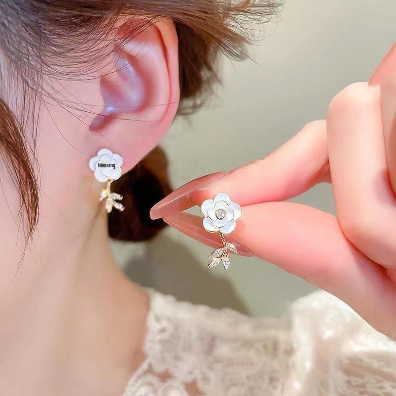 S925 Silver Needle White Camellia Stud Earrings - Simple, Trendy 2023 Design for Women
