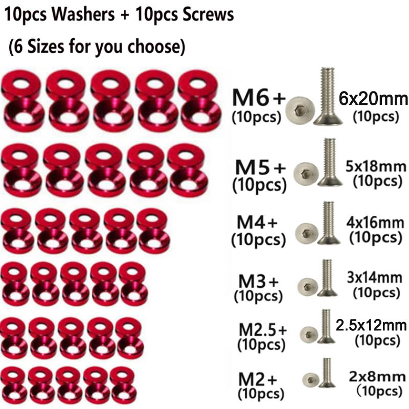 10pcs Car Modified Hex Fasteners Fender Washer Bumper Engine Concave Screws Aluminum Fender Washers and M2-M6 Bolt for Honda