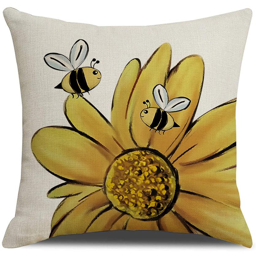 New Sunflower Pillow Cover Linen Print Summer Bee Pillow Cover Living Room Sofa Cushion Cover
