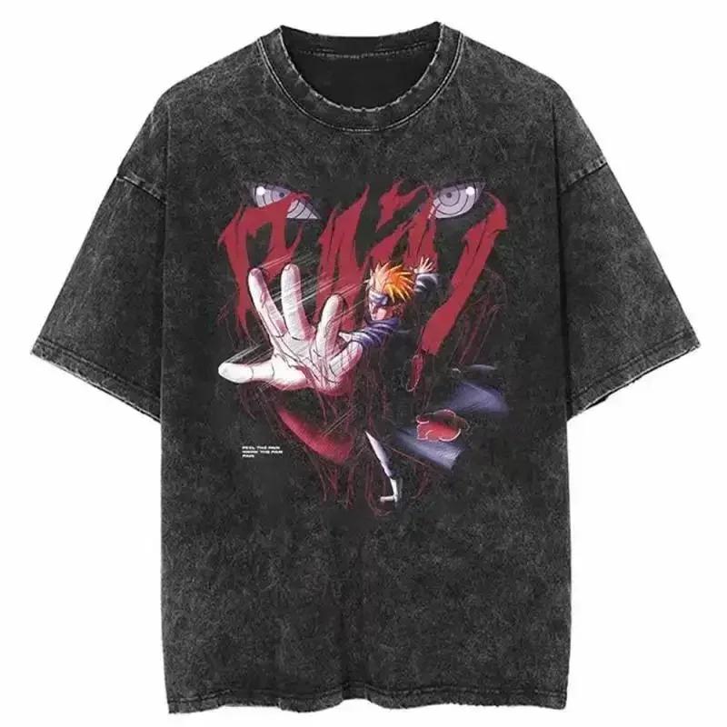 Baumwolle Herren Vintage Japan Anime Print Oversize T-Shirt Streetwear Harajuku Sommer Schwarz Kurzarmhemd Locker Baumwolle Oberteile T-Shirts