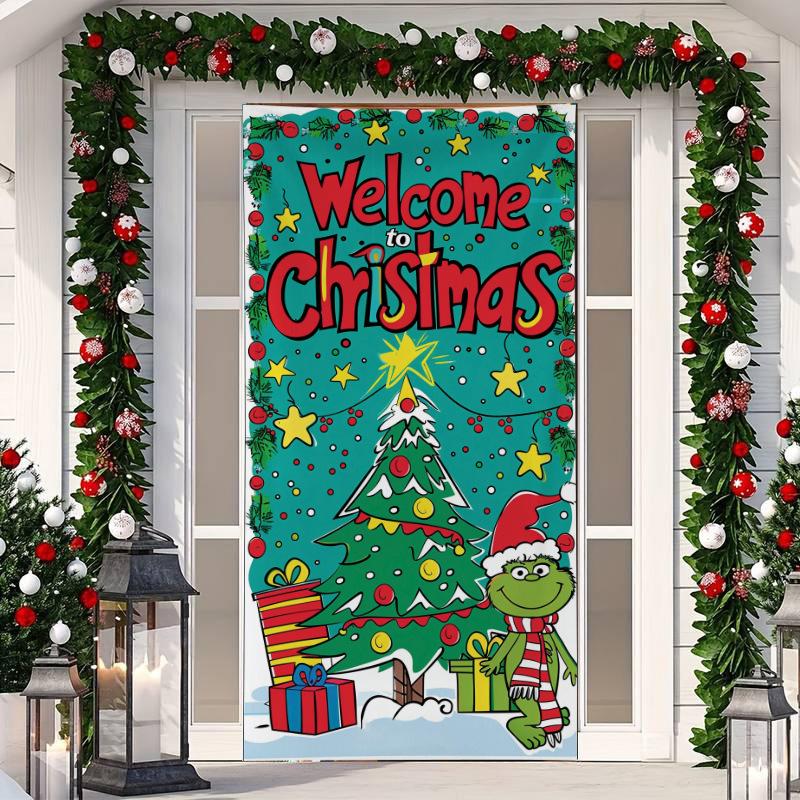 1 Buc Banner Husă Ușă Crăciun Fericit Poliester Om de Zăpadă Model Brad de Crăciun Alb pentru Ajun Anul Nou Petrecere de Sărbători Ușă Față Decor Acasă Perete