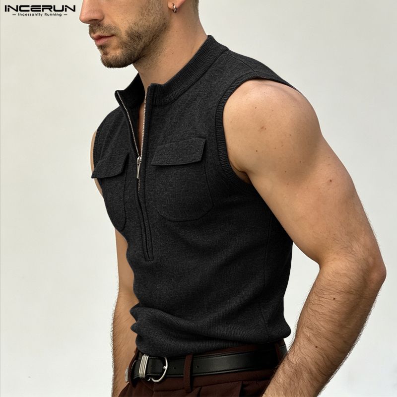 INCERUN Camisetas sin mangas casuales ajustadas con cremallera para hombre