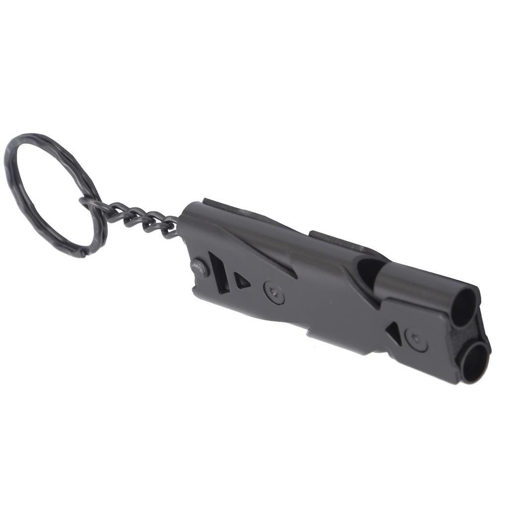 Outdoor Survival Pfeife mit Schlüsselanhänger Edelstahl Doppelrohre Sicherheitspfeife Schwarz