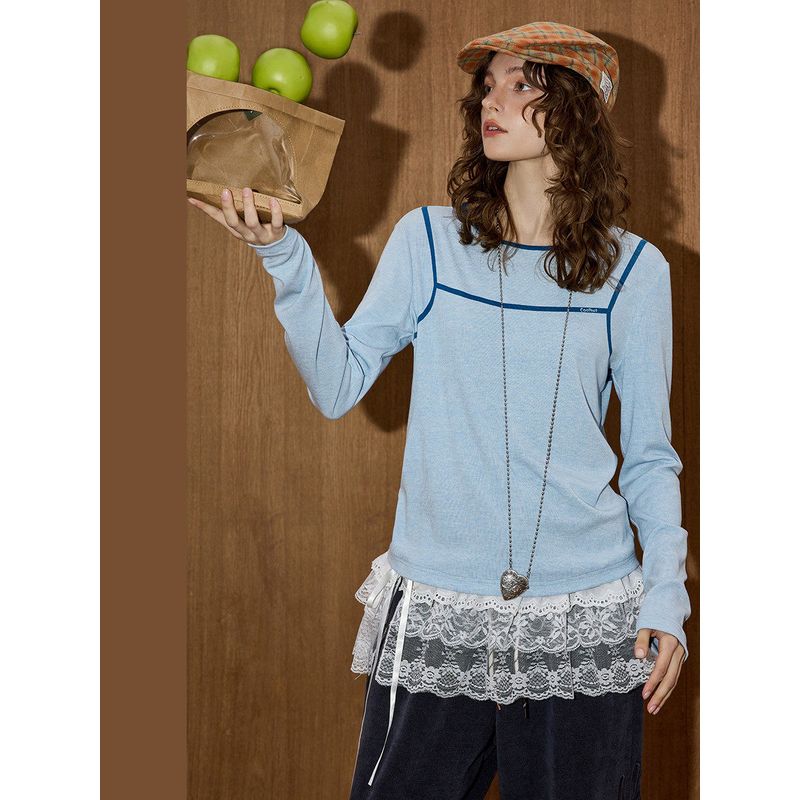 Coolhut Preppy Style 2025 Autum Women's Loose Light Blue Versatile Long-Sleeved T-Shirt