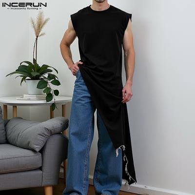 Men O Neck Sleeveless Irregular Long Tanks Casual Tassel Tunic Tops