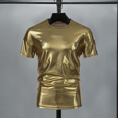 Summer Men T-shirt Glossy Surface Bronzing Slim Fit O Neck Solid Color Short Sleeves Pullover Party Club Performance Dance Streetwear Top