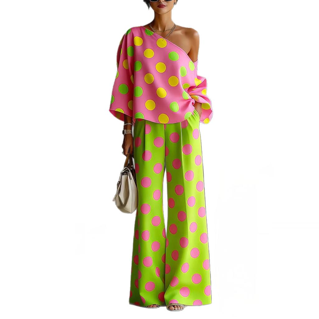 1116 Estate europea e americana nuovo colore pois off-the-shoulder elegante completo pantalone due pezzi per donna