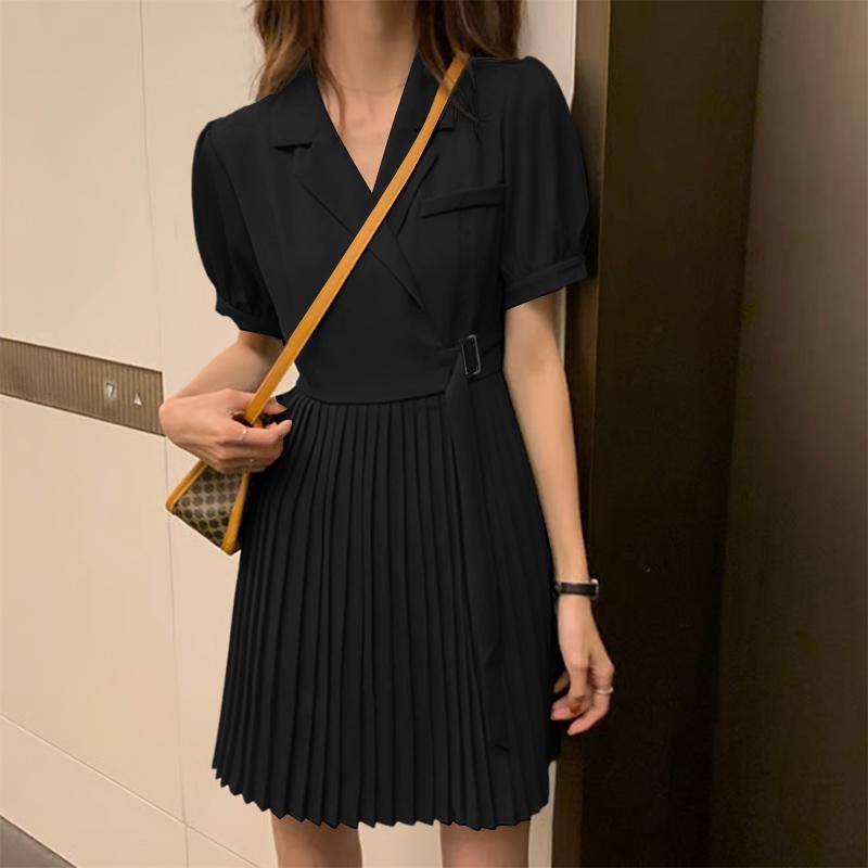 ZANZEA Women Turn Down Collar Summer Casual Short Sleeve Pleated Dress S чёрный