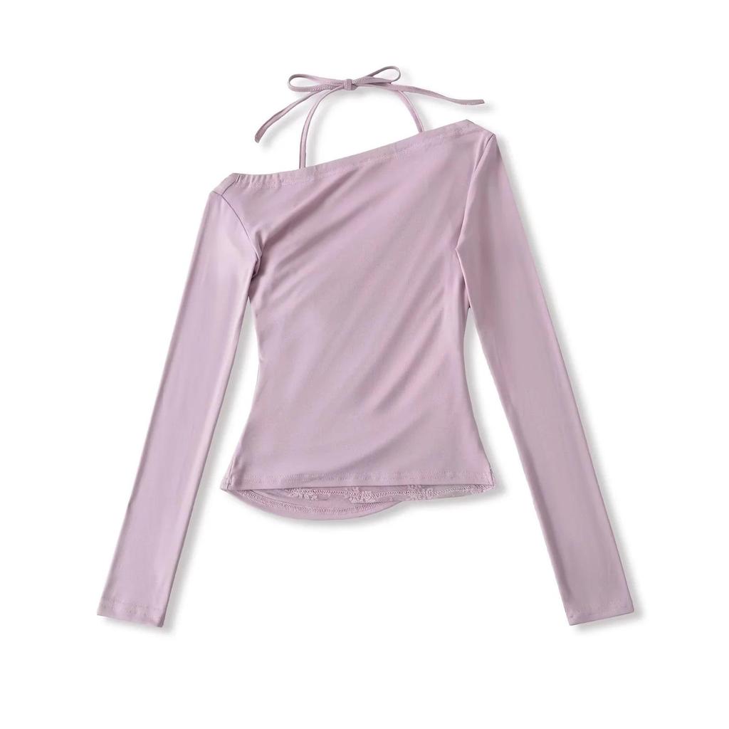 Autumn 2025 Women's Lace Trim Halter Neck Off-Shoulder Slim Long-Sleeve T-Shirt