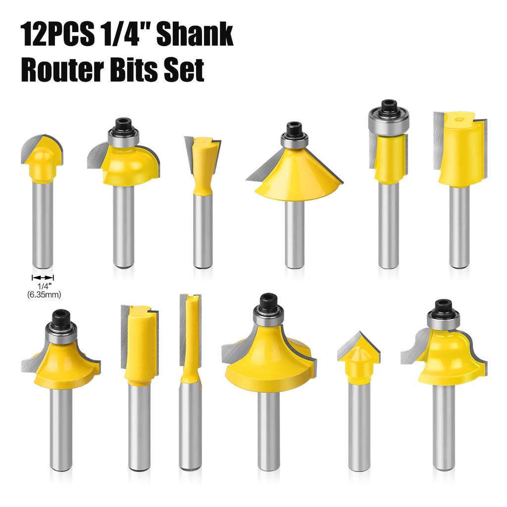 12pcs 6mm 8mm 1/4in 1/2in Shank Router Bits Set Woodworking Milling Cutter Trimming Straight Bits Carbide Engraving Cutting Tool