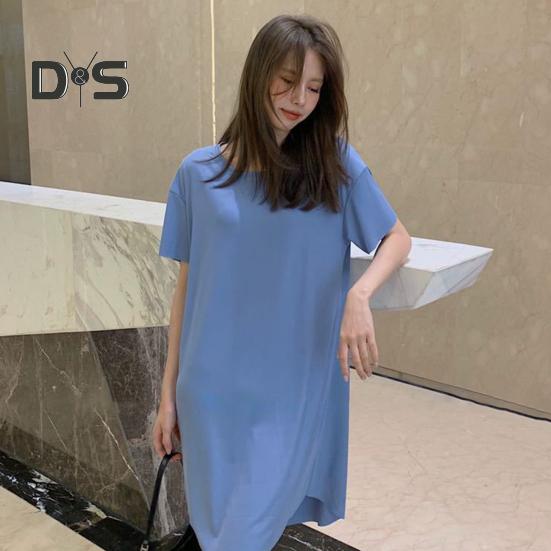 Dáma letní šaty s kulatým výstřihem volné jednobarevné krátké rukávy ledové hedvábí ležérní oblečení domácí oblečení pyžama noční košile ke kolenům