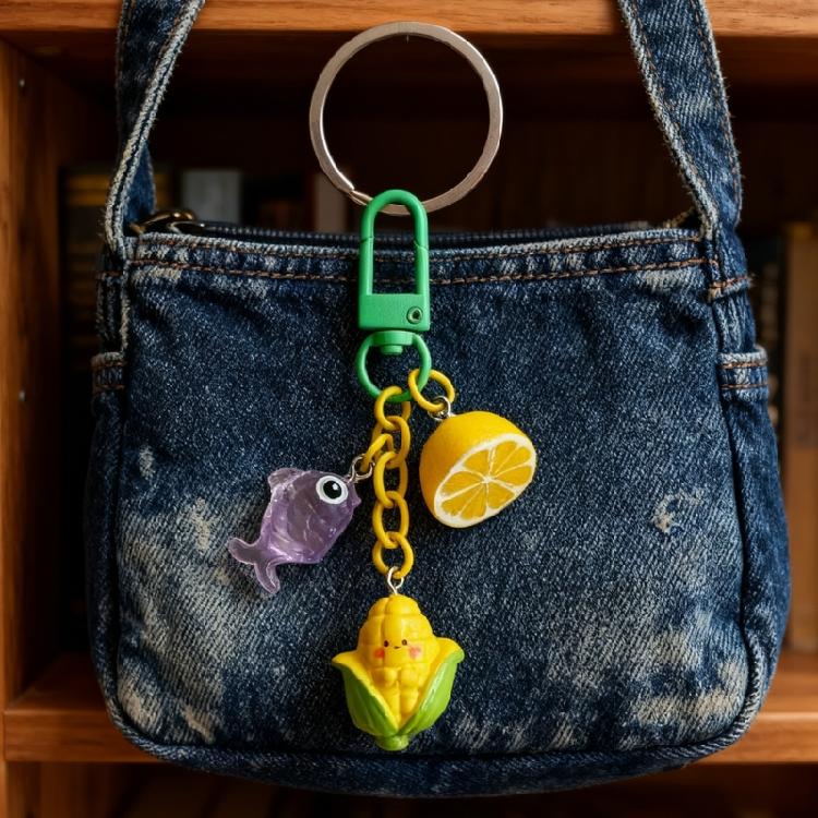 Colorful Lemon Corn Fish Keyring Pendant Key Chain Stylish Ornament For Travel Luggage Label Bags Resin Craft