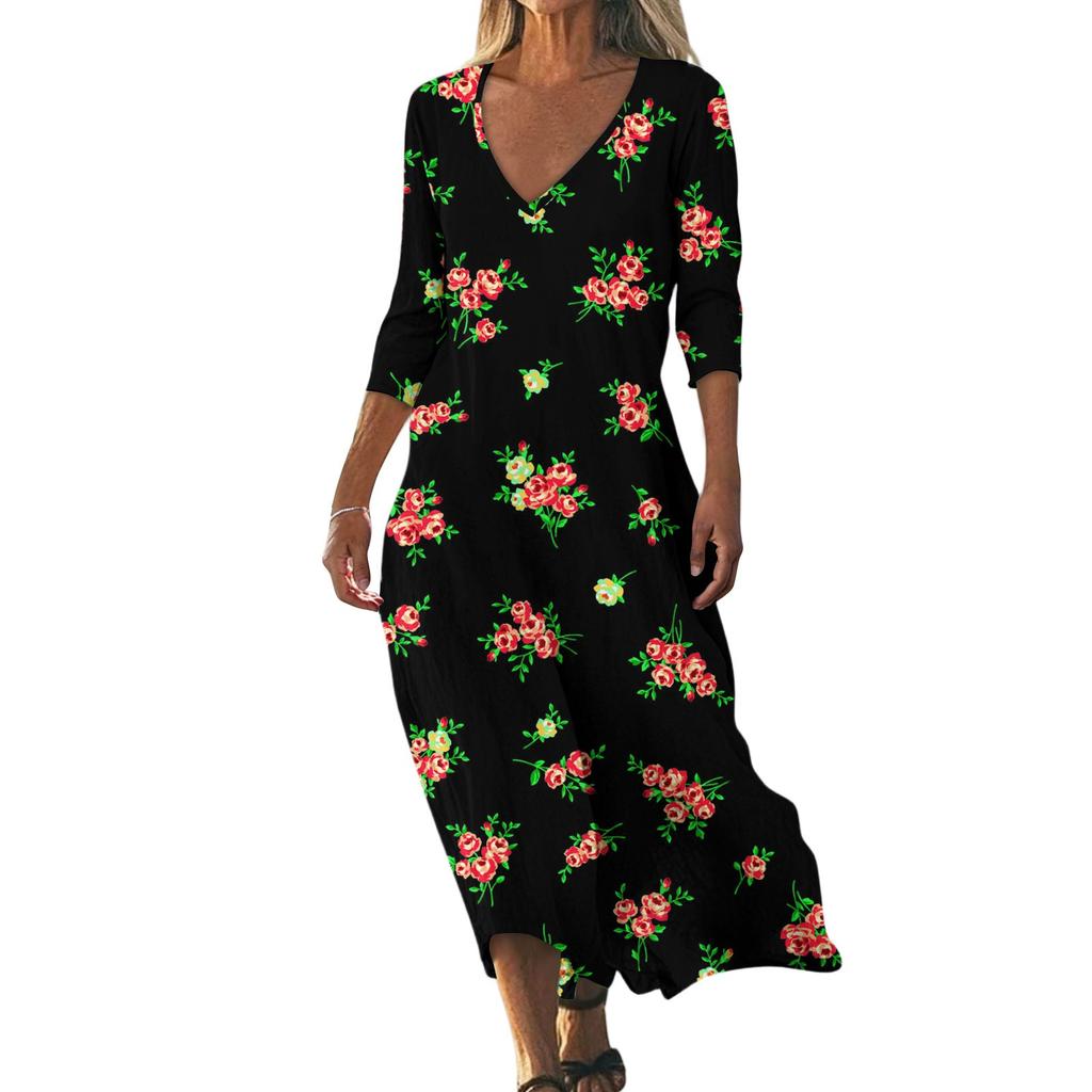 Dresses For Womens Vintage Print Tunic Waisted Midi Dress Summer Casual  3/4 Sleeve Dress