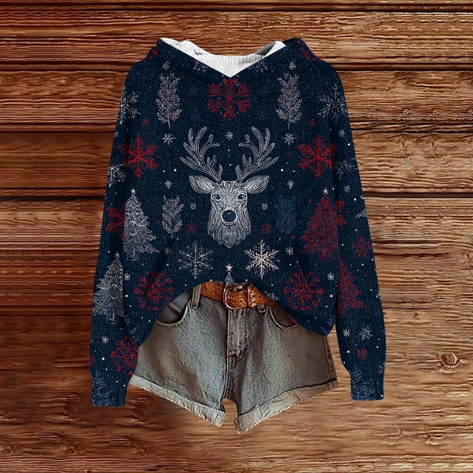 

Женский модный повседневный трикотажный худи с длинным рукавом и рождественским принтом XL тёмно-синий