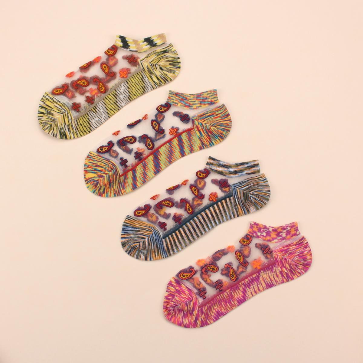 

5 пар/лот Летние короткие носки Ультратонкие Цветочные из Стеклянного шелка Модные женские носки Кружевные носки-лодочки Низкие Прозрачные Невидимые носки One Size