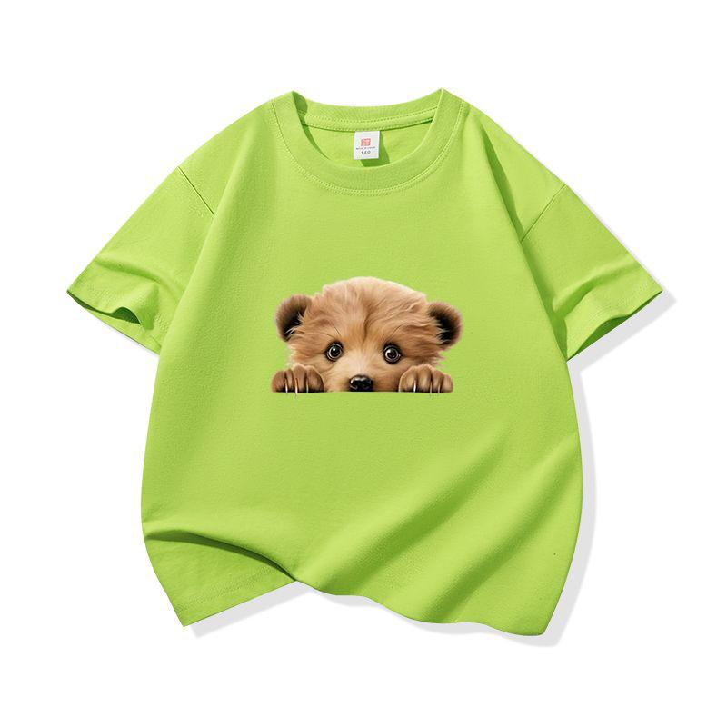 Kids Cotton T Shirt Cute Peeking Bear Cub Print Crew Neck Short Sleeve Tee Casual Breathable Boys Girls Summer Tops
