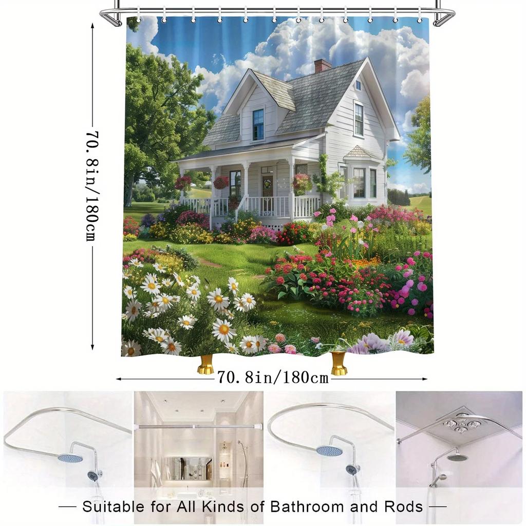 YXCharming Victorian House Shower Curtain - Vibrant Garden Scene, Polyester,  12 Hooks, Idyllic Countryside Bath Décor