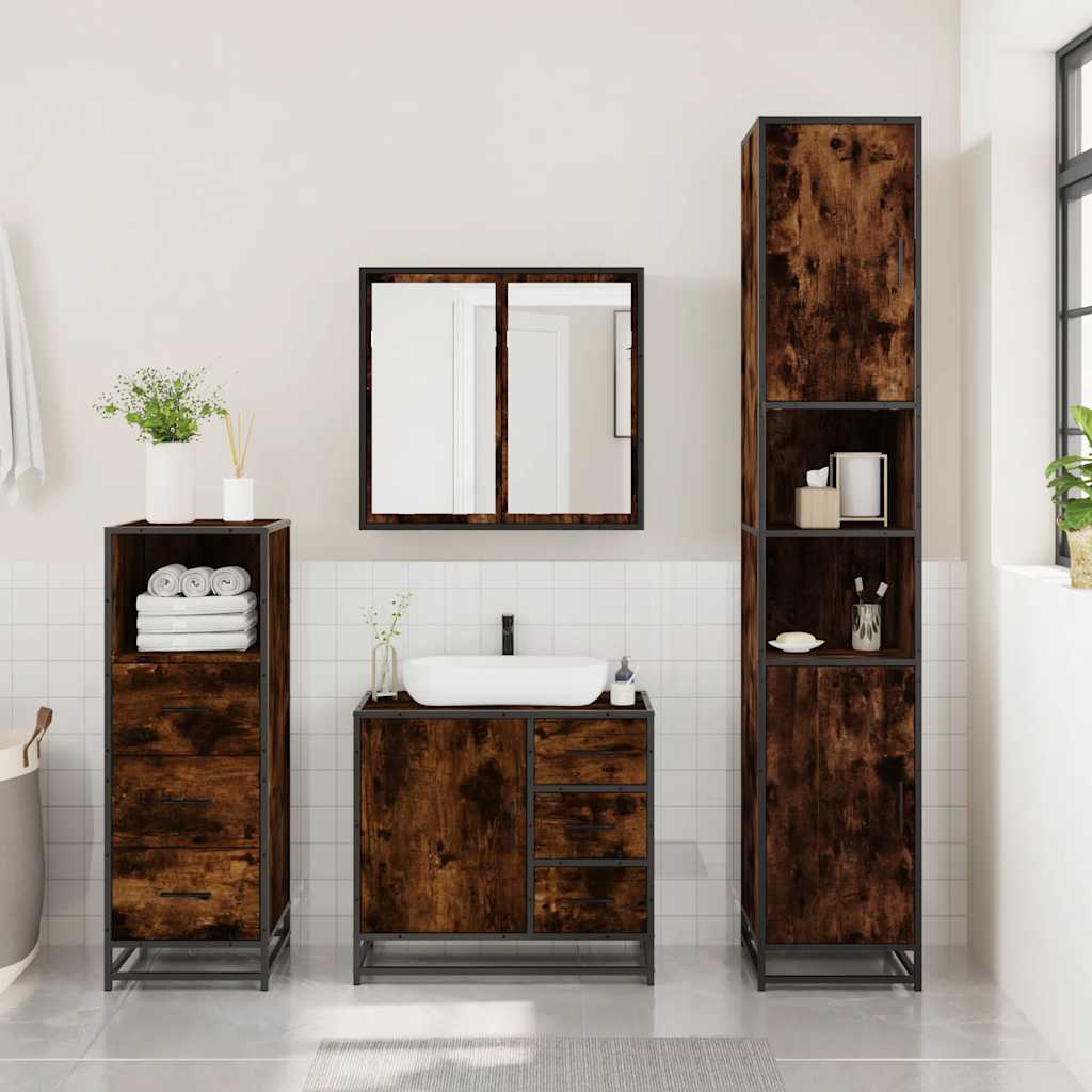 3 Piece Bathroom Furniture Set Smoked Oak Wood Based Material