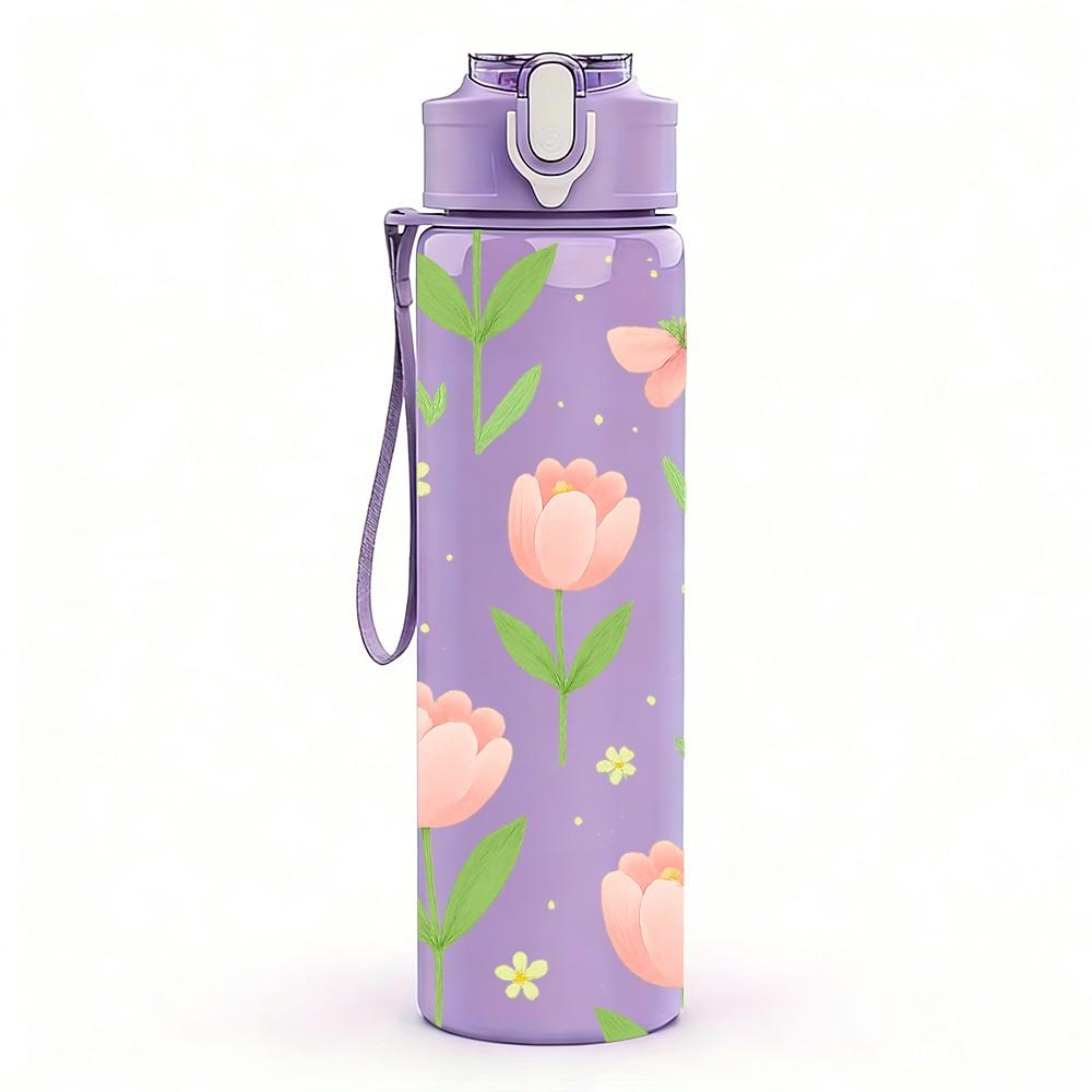 1PC Soft Pink Tulip Floral Seamless Print 750ml Color Plastic Sports Water Bottle Leakproof Flip Straw Lid Suitable for Sports Office Home Use