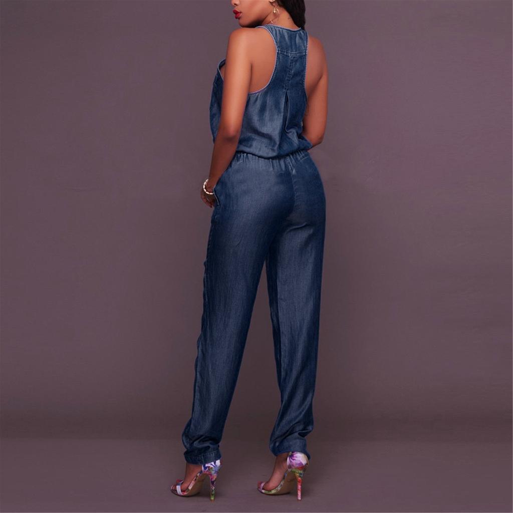 Lässiger, schulterfreier Denim-Jeans-Overall für Damen mit Tasche, ärmellos