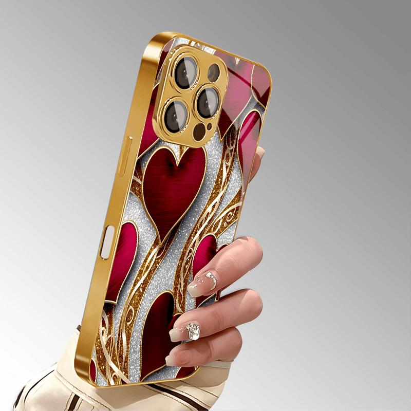 Luxury Red Heart Gold Filigree For iphone 17 case fashion phone cases Glass Phone Case for iPhone 17 16 15 14 13 12pm Pro Plus