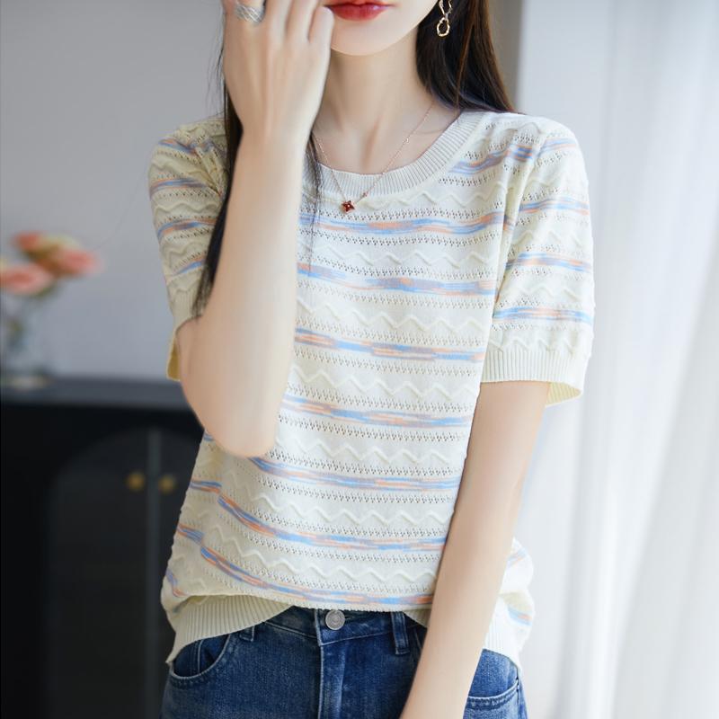 Women Knit T-shirt Summer Knitted Shirt Short Sleeve Tees O-neck Pullover Knit Tops Female