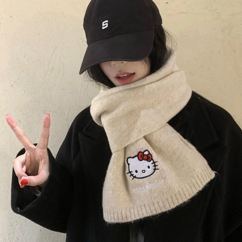 Hellokitty embroidered knitted scarf women's winter new cute student thickened warm scarf Korean version versatile