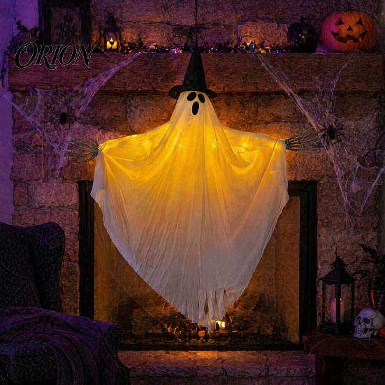 Lighted Ghost Pendant Halloween Hanging with Witch Hat, Light Up Spooky Tree Decorations Outdoor Decor for Porch Tree, Haunted House Scene Ornament