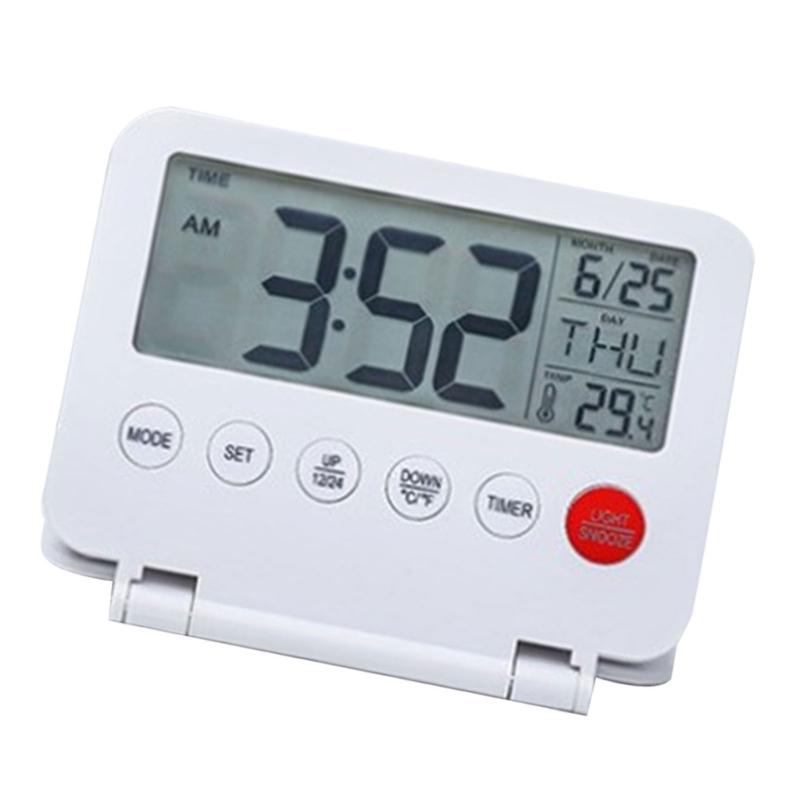Digital Travel Foldable Alarm Clock With Large LCD Display Calendar Temperature Gauges Snooze Backlight Battery Operated