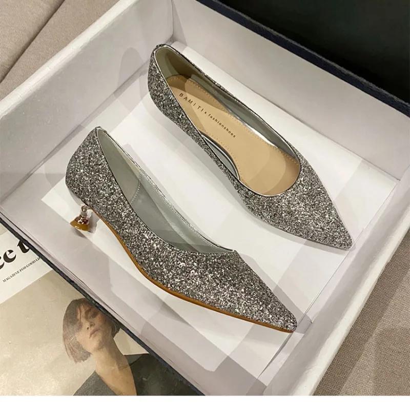 Women's Heeled Shoes 2026 New Style Fashion Versatile Sequined Women's Spring and Autumn Comfortable Pointed-toe Shoes Zapatos