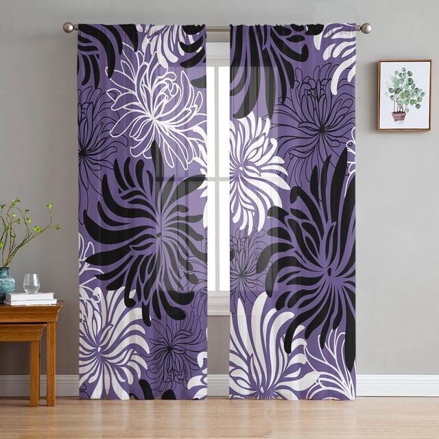 Perdele din tul floral retro cu textura de crizantema gri Perdele pentru usa de bucatarie din sifon perdele din voal transparent pentru sufragerie dormitor
