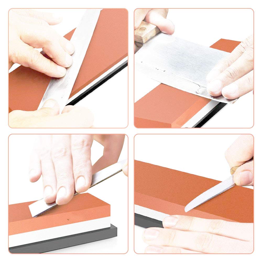 Pierre à aiguiser couteau adaptée à l'acier inoxydable et au carbone avec base en caoutchouc et Affûteur double face japonais, acier, instructions, rouge.