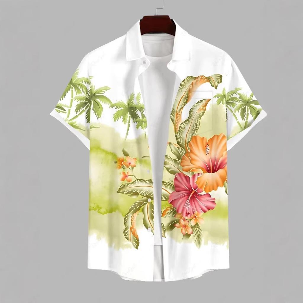 Erkek Yazlık Kısa Kollu Hawaii Gömlek Plaj Tatil Baskılı Gömlek Üst %100 Polyester