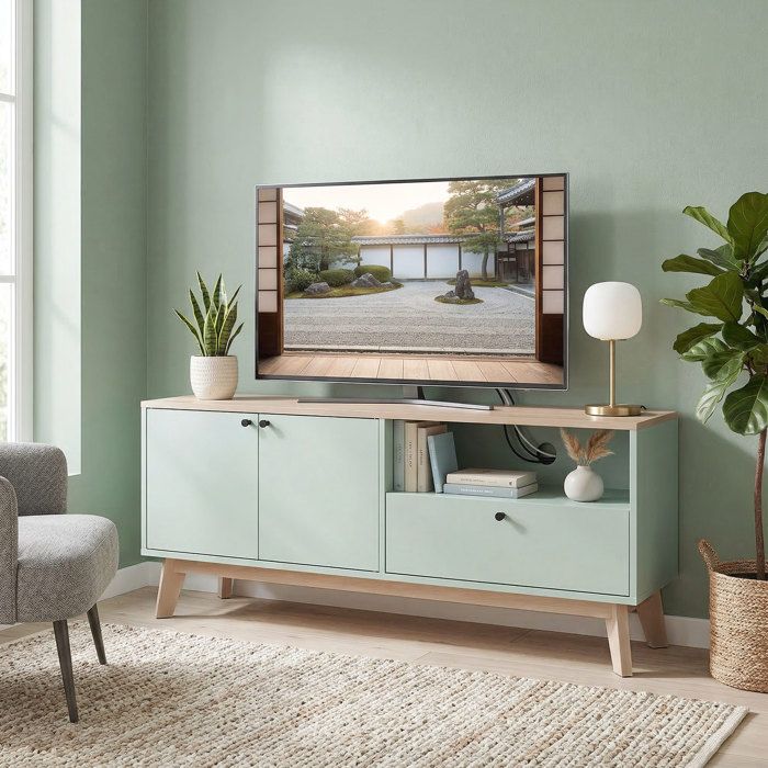 Mueble de TV - HOMCOM - para televisor de 36 pulgadas - 2 puertas, cajón, compartimento abierto - MDF - 120 x 35 x 50 cm - verde claro