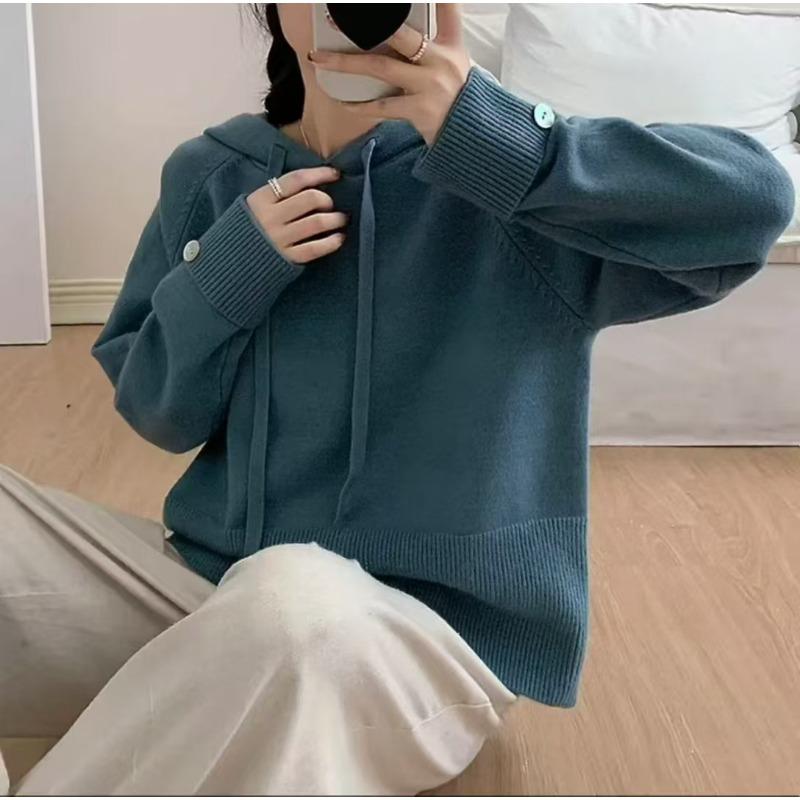 

Осень и зима новый ленивый ветер толстовка с капюшоном женский свободный универсальный однотонный вязаный свитер универсальный топ average size синий