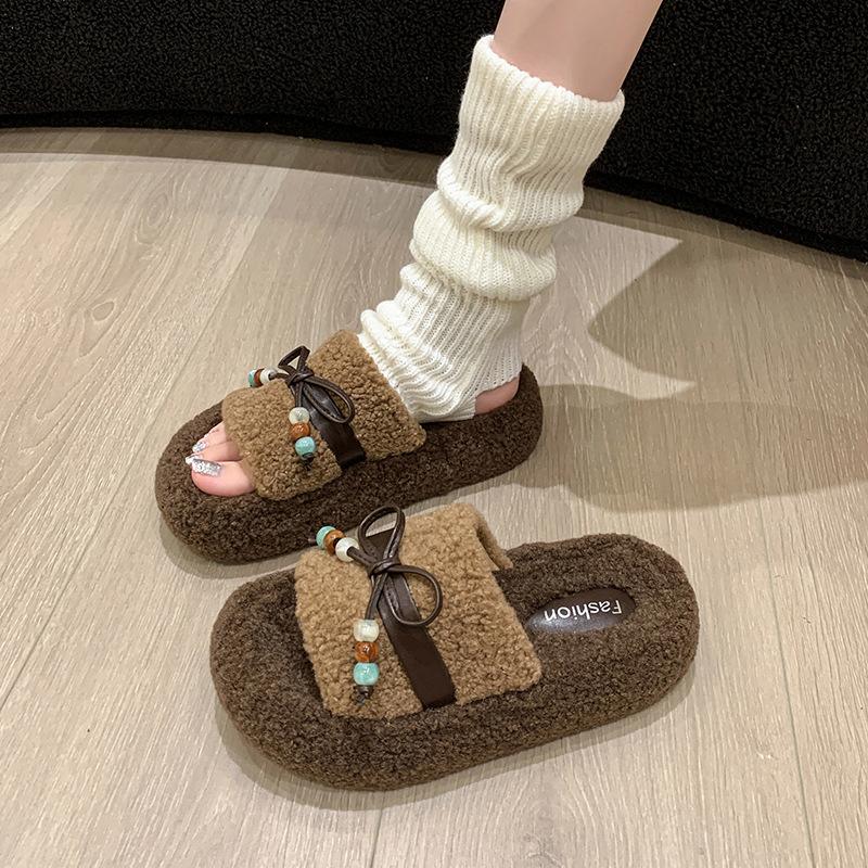 Roll thick-soled fluffy slippers outer wear 2025 autumn and winter new belt buckle bow home plush cotton slippers