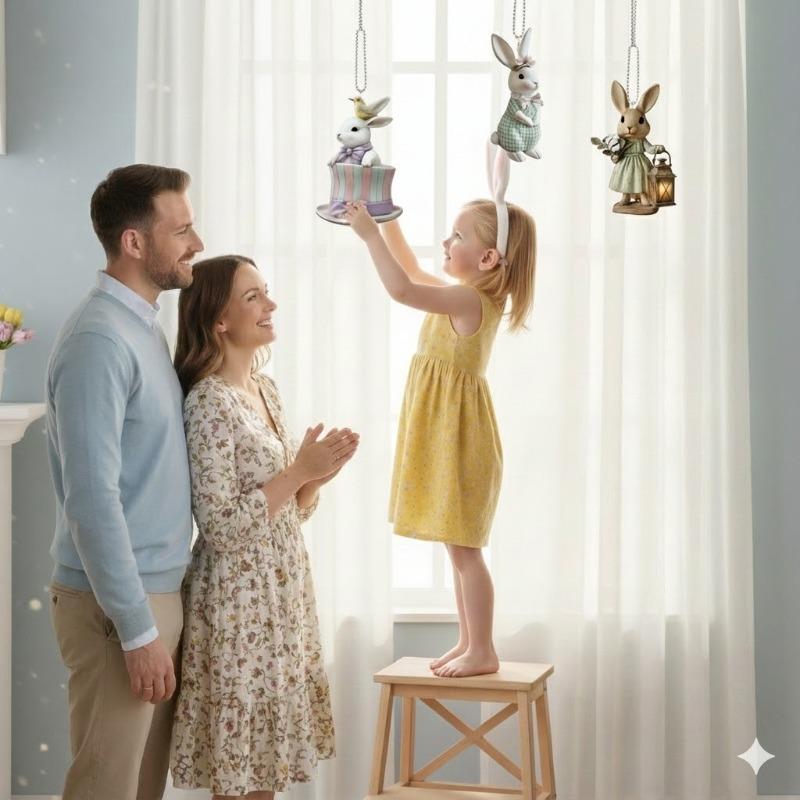 4PCS Holiday Car Hanging Ornament Valentine's Day Acrylic 2D Cartoon Cow and Rabbit Rearview Mirror Decoration Easter Car Charm