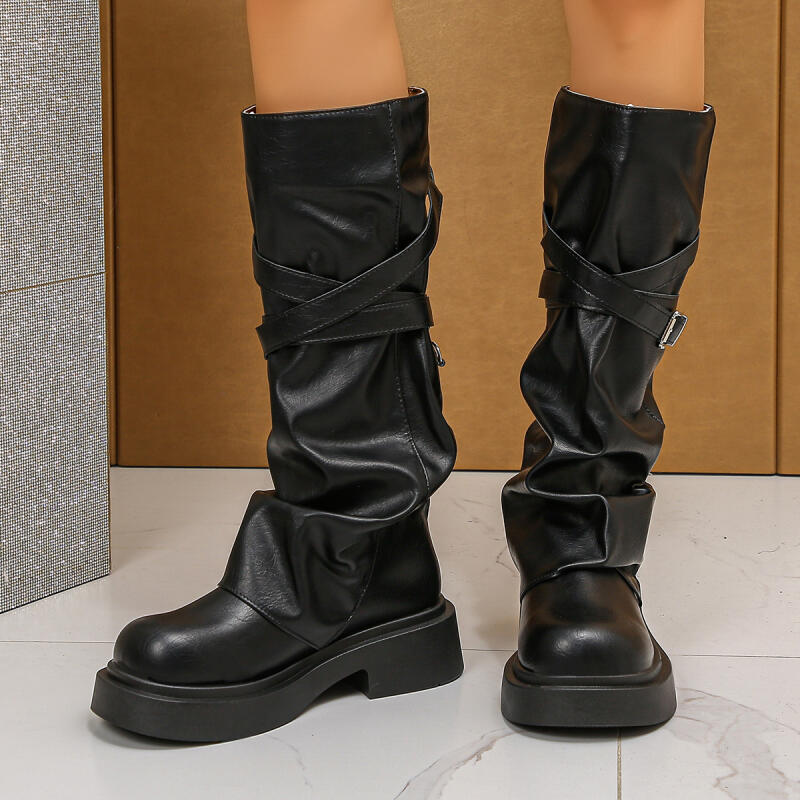 Fashion Thick Bottom Y2K Pu Motorcycle Boots Women 2025 Winter Chunky Platform High Heel Mid Calf Boots Metal Belt Buckle Designer Shoes