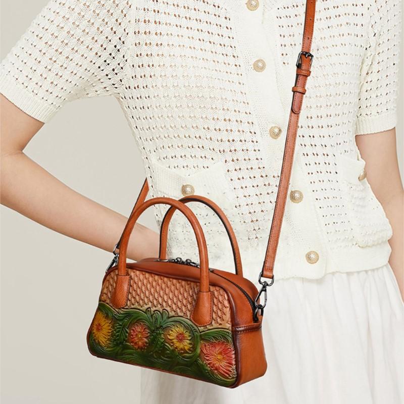 Johnature Ethnic Style Genuine Leather Retro Handbag Handmade Leather Carving Women's Shoulder Crossbody Bags