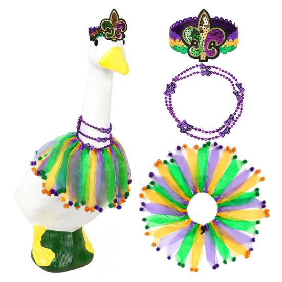 Big Goose Clothes Fluffy Gauze Skirt Costume with Fur Ball Edges Mardi Gras Headdress Elastic Strap Neck Rings Garden Goose Decoration